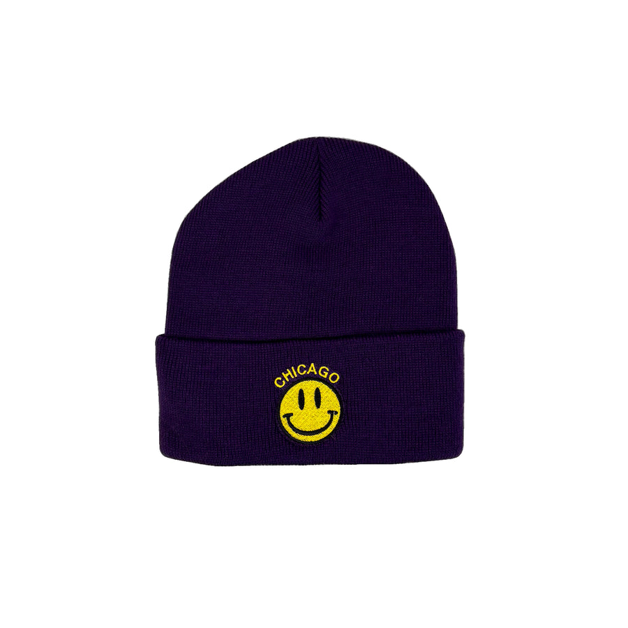 HAT Beanie Smile Face Embroidered smiley knitted Purple Cap Cuffed - edge NEW Happy Smiley Face Emoji Embroidery Design Beanie | Emote IRL main image 4